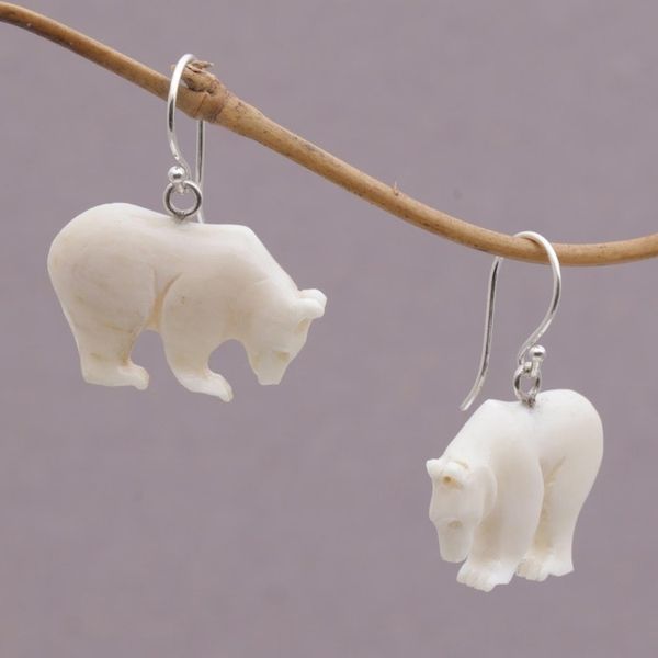 Alternate image for Handcrafted Bone Grizzly Bear Dangle Earrings from Bali Grizzly Brothers