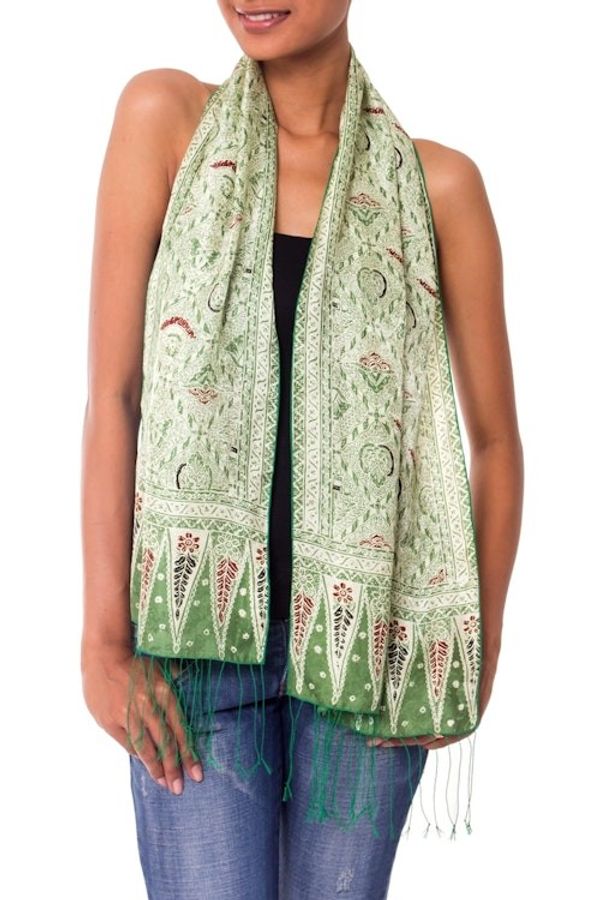 Alternate image for Hand Made Floral Silk Batik Scarf Royal Java Green