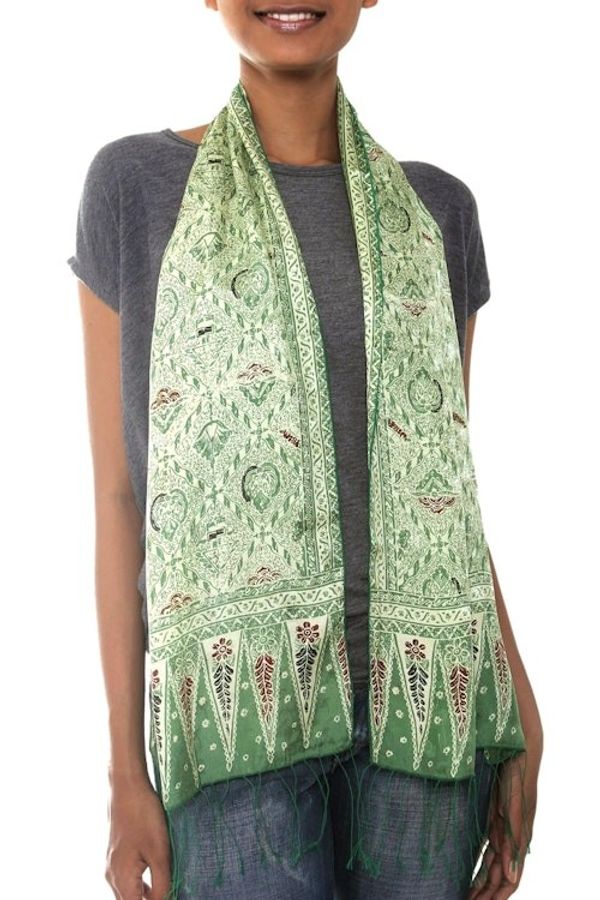 Alternate image for Hand Made Floral Silk Batik Scarf Royal Java Green