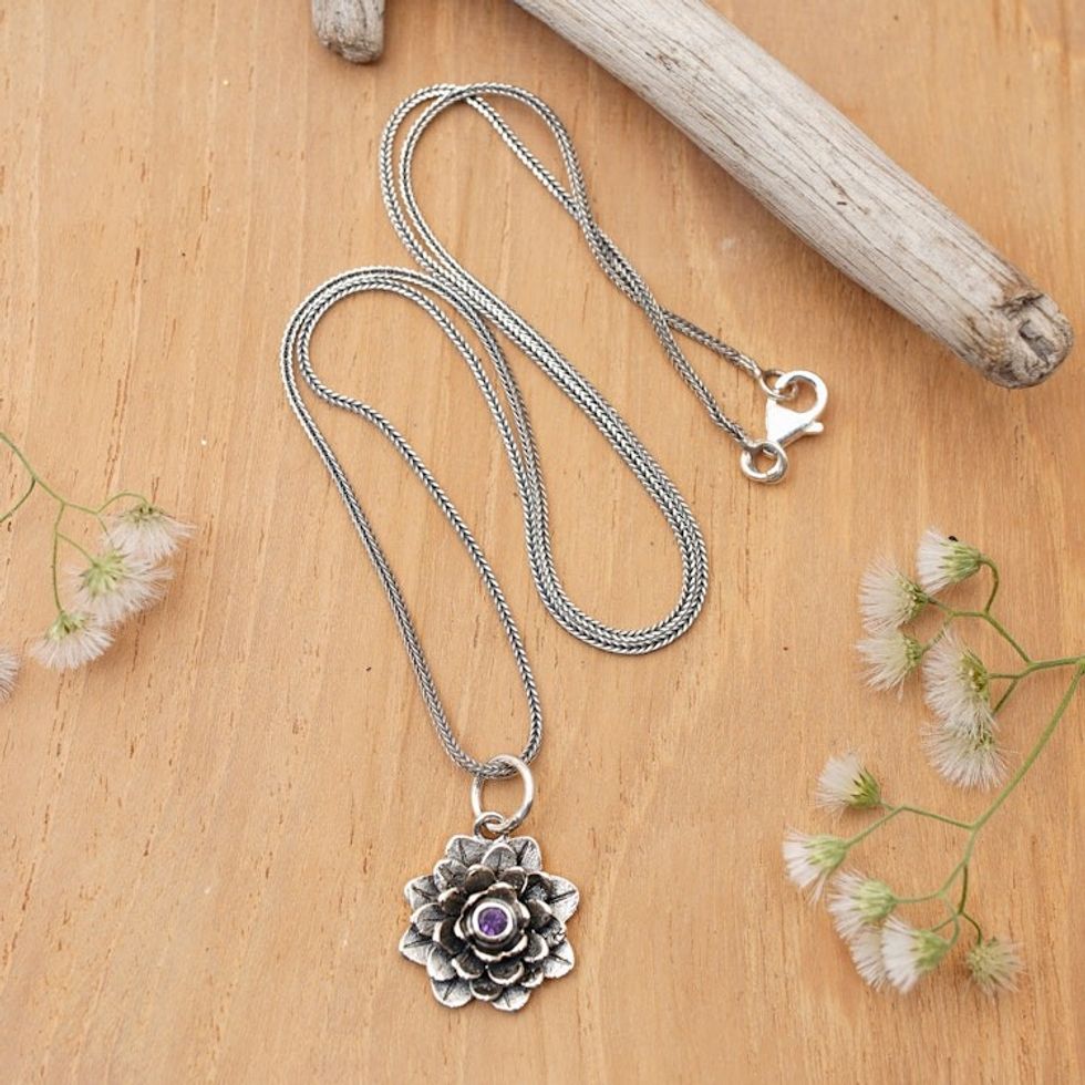 Hand Crafted Floral Amethyst and Sterling Silver Necklace 'Sacred Lilac Lotus'