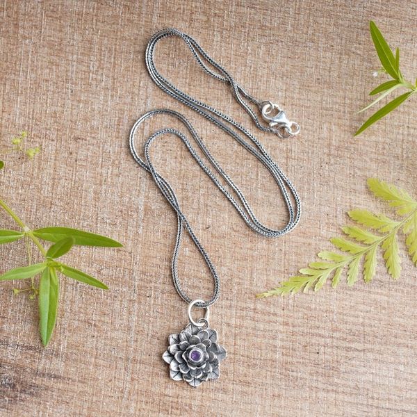 Alternate image for Hand Crafted Floral Amethyst and Sterling Silver Necklace Sacred Lilac Lotus