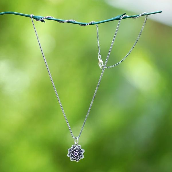 Alternate image for Hand Crafted Floral Amethyst and Sterling Silver Necklace Sacred Lilac Lotus