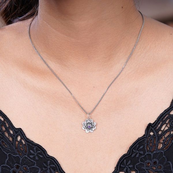 Alternate image for Hand Crafted Floral Amethyst and Sterling Silver Necklace Sacred Lilac Lotus