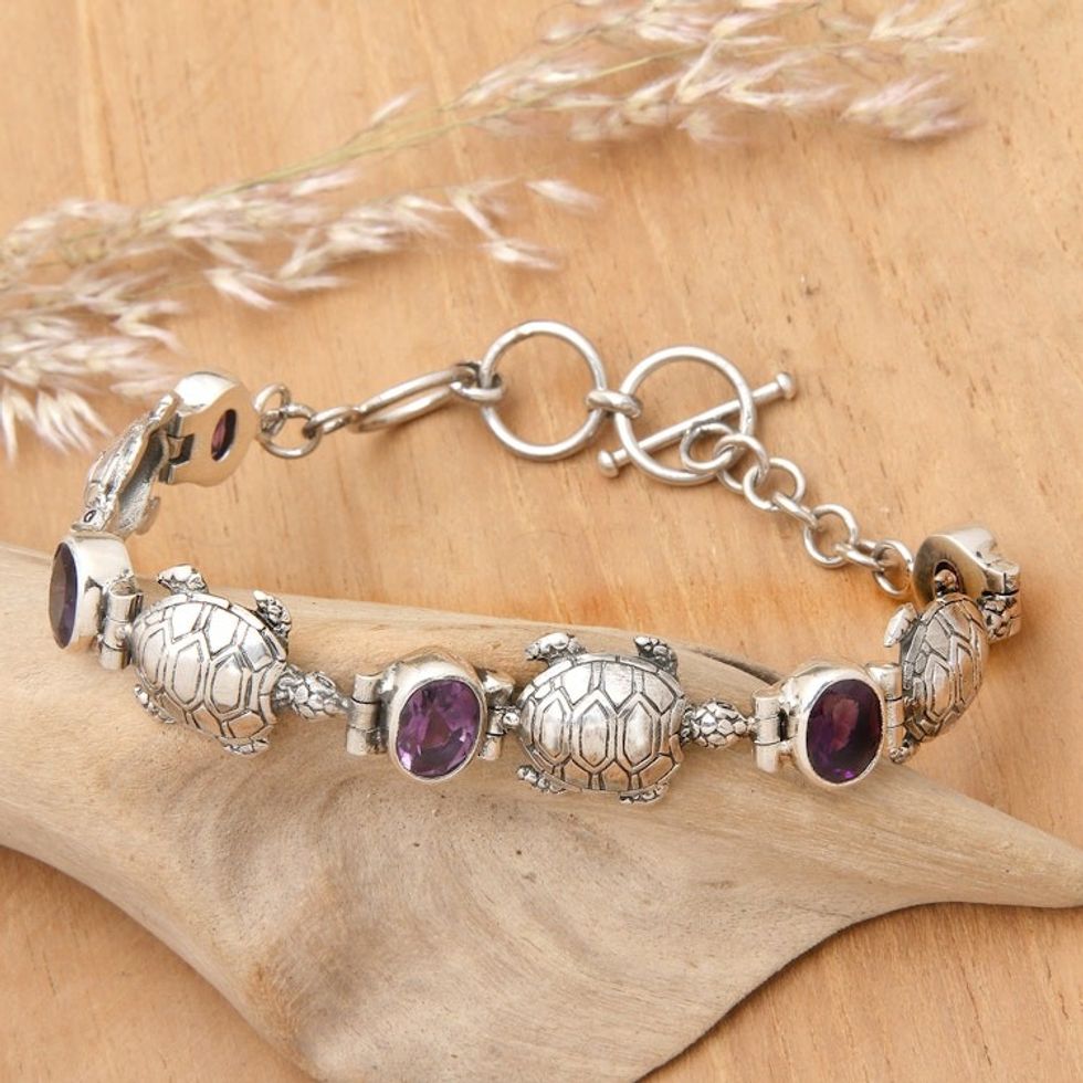 Balinese Silver Turtle Theme Handcrafted Amethyst Bracelet 'Turtle Migration'
