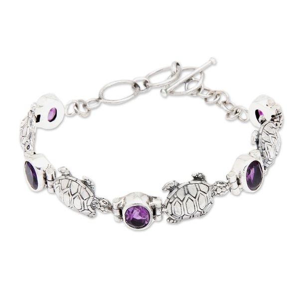 Alternate image for Balinese Silver Turtle Theme Handcrafted Amethyst Bracelet Turtle Migration
