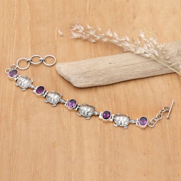 Alternate image for Balinese Silver Turtle Theme Handcrafted Amethyst Bracelet Turtle Migration