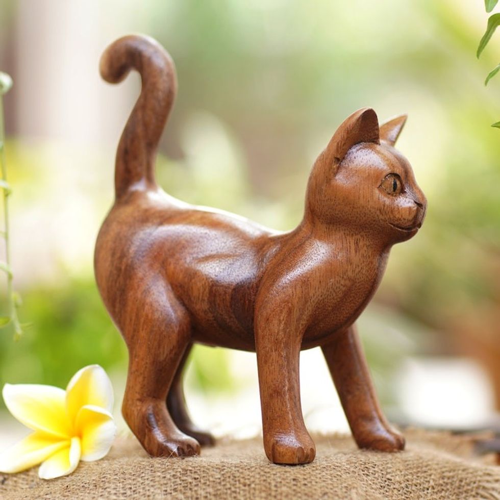 Wood Sculpture from Indonesia 'Guardian Cat'