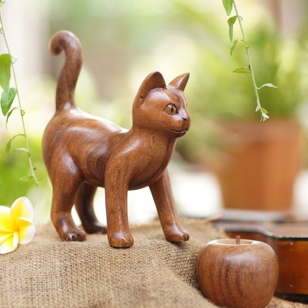 Alternate image for Wood Sculpture from Indonesia Guardian Cat