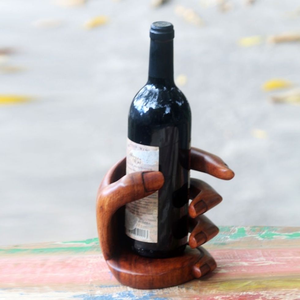 Balinese Signed Hand Carved Wood Wine Bottle Holder 'Hold Me'