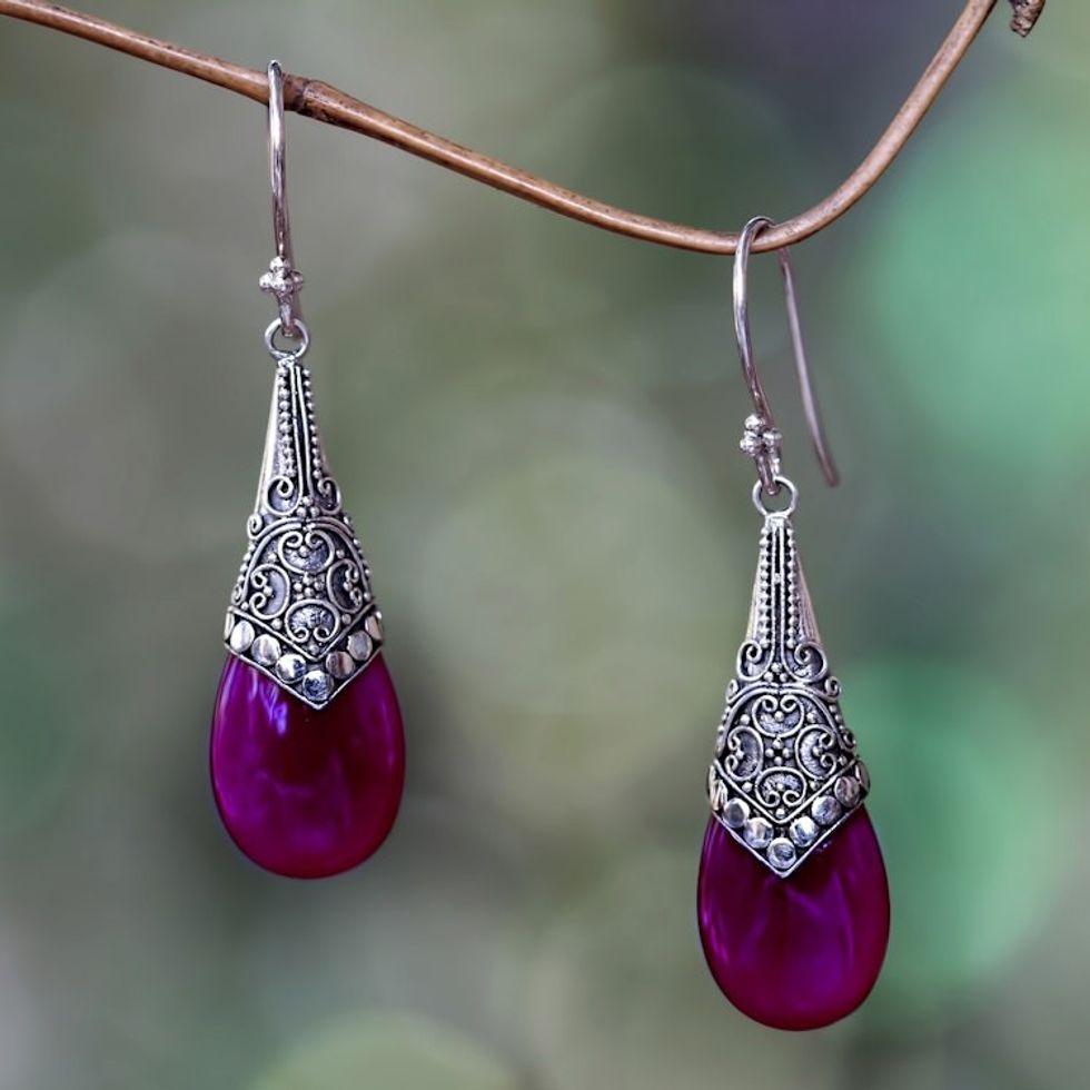 Deep Pink Chalcedony and Silver Dangle Earrings from Bali 'Puncak Jaya in Pink'