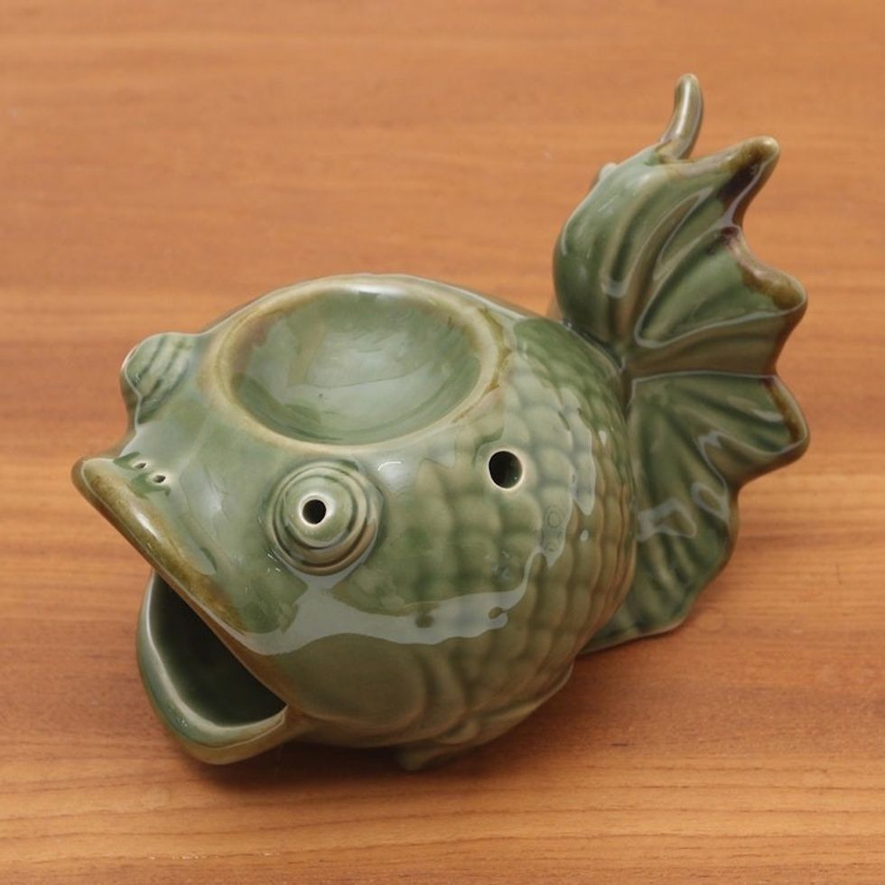 Green Ceramic Koi Fish Oil Warmer 'Wide-Eyed Koi'