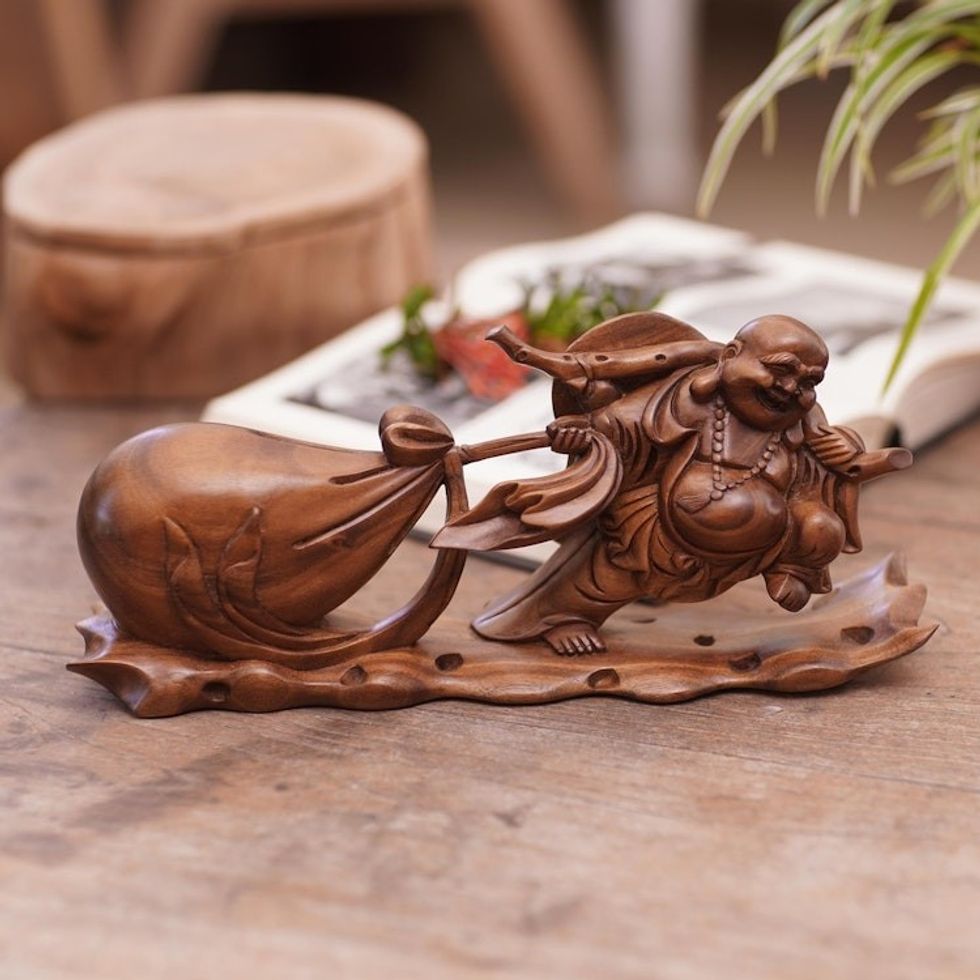 Hand Carved Balinese Acacia Wood Buddha Sculpture 'Buddha of Prosperity'