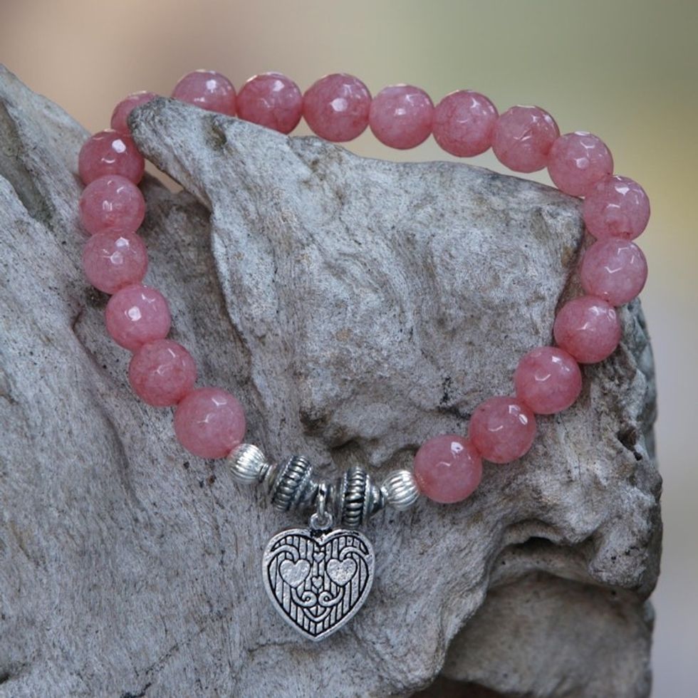 Pink Agate and Heart Charm Beaded Bracelet from Bali 'Sentimental Charm'