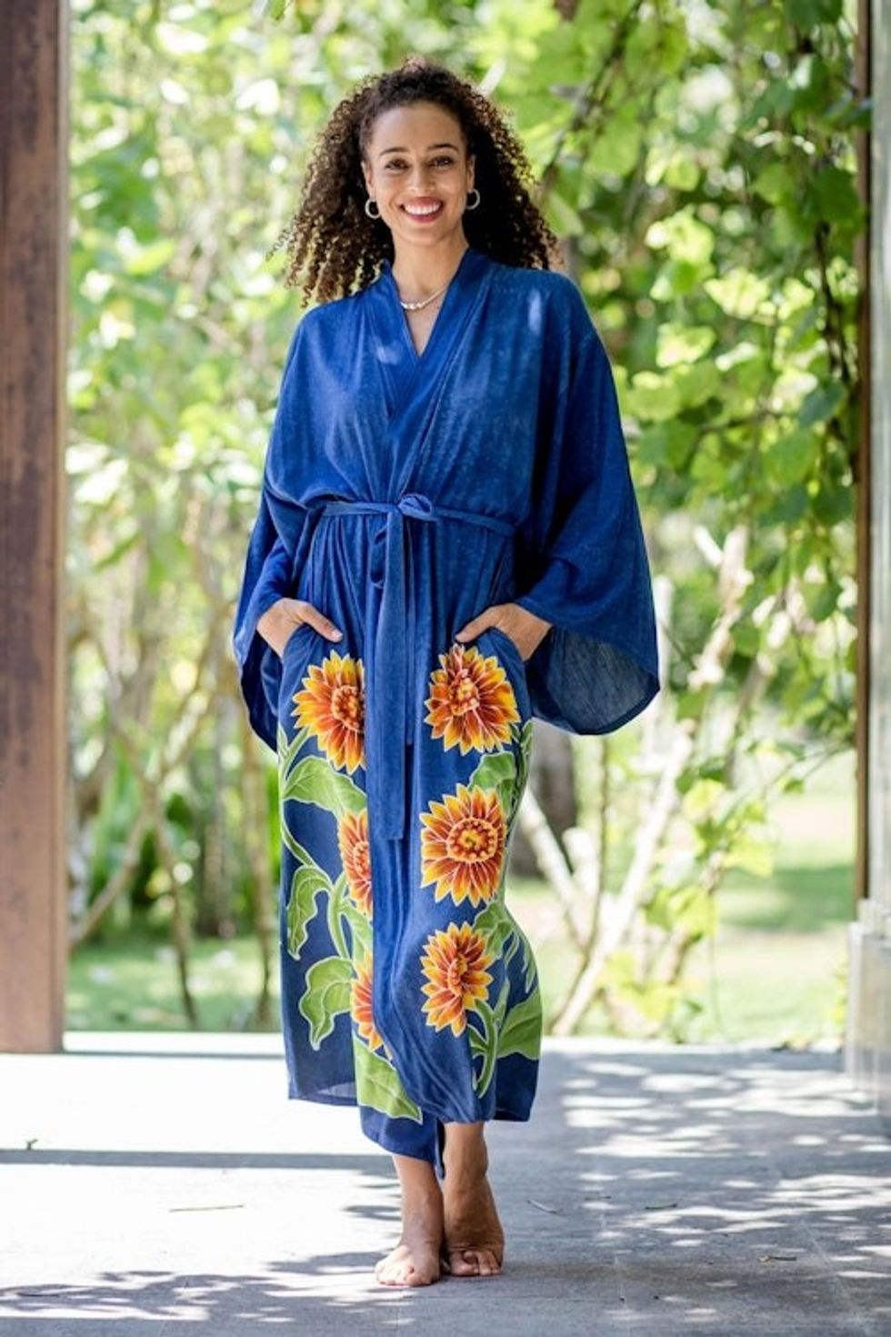 Hand Painted Floral Rayon Robe 'Beautiful Flowers in Blue'
