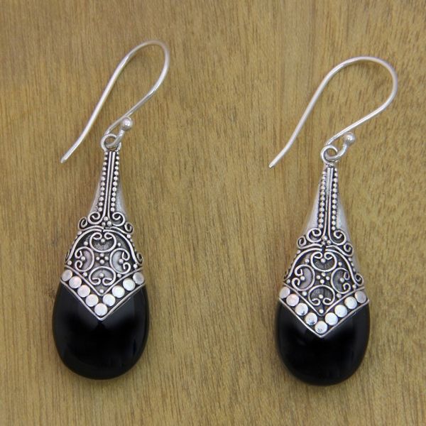 Alternate image for Ornate Silver 925 and Onyx Dangle Earrings from Bali Puncak Jaya in Black