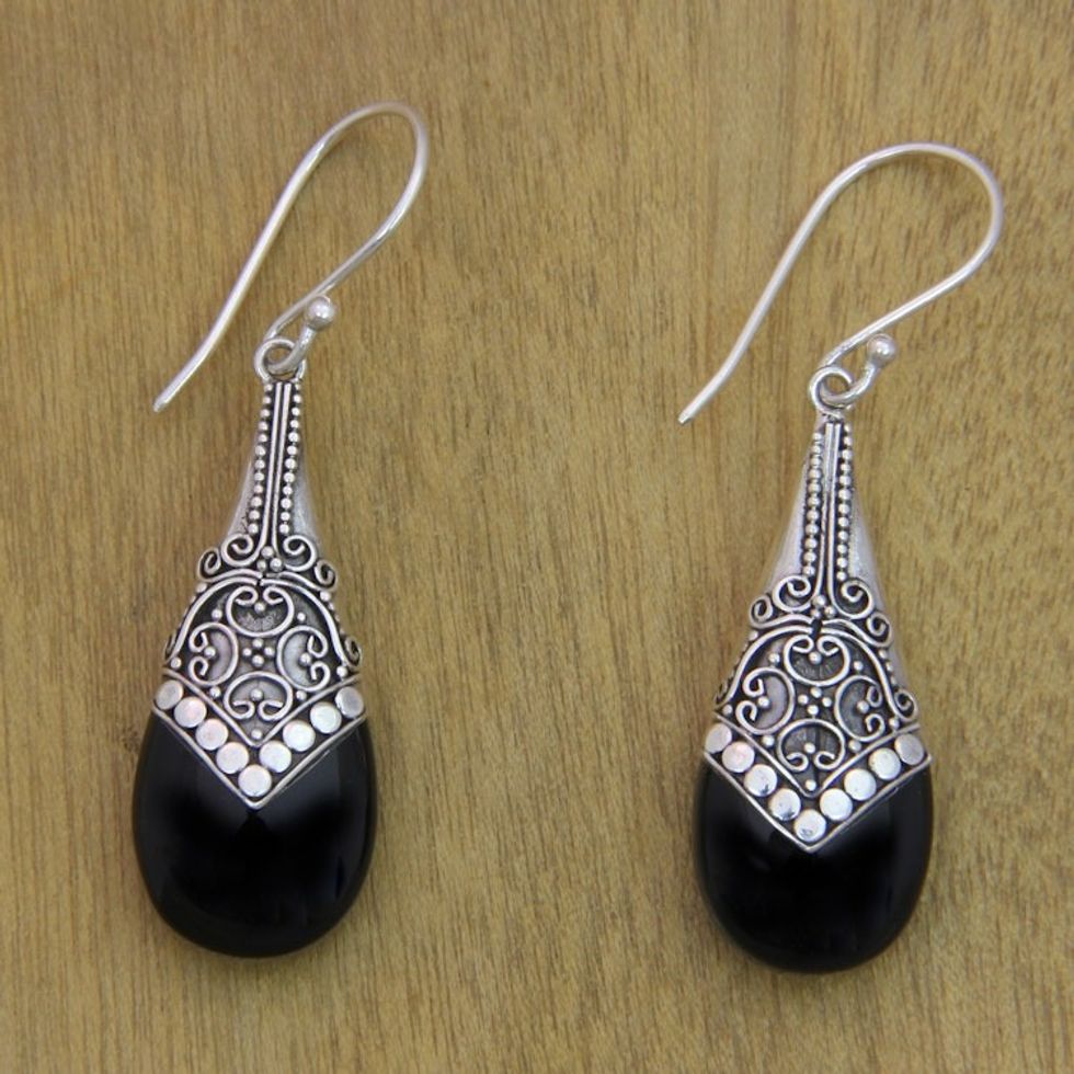 Ornate Silver 925 and Onyx Dangle Earrings from Bali 'Puncak Jaya in Black'