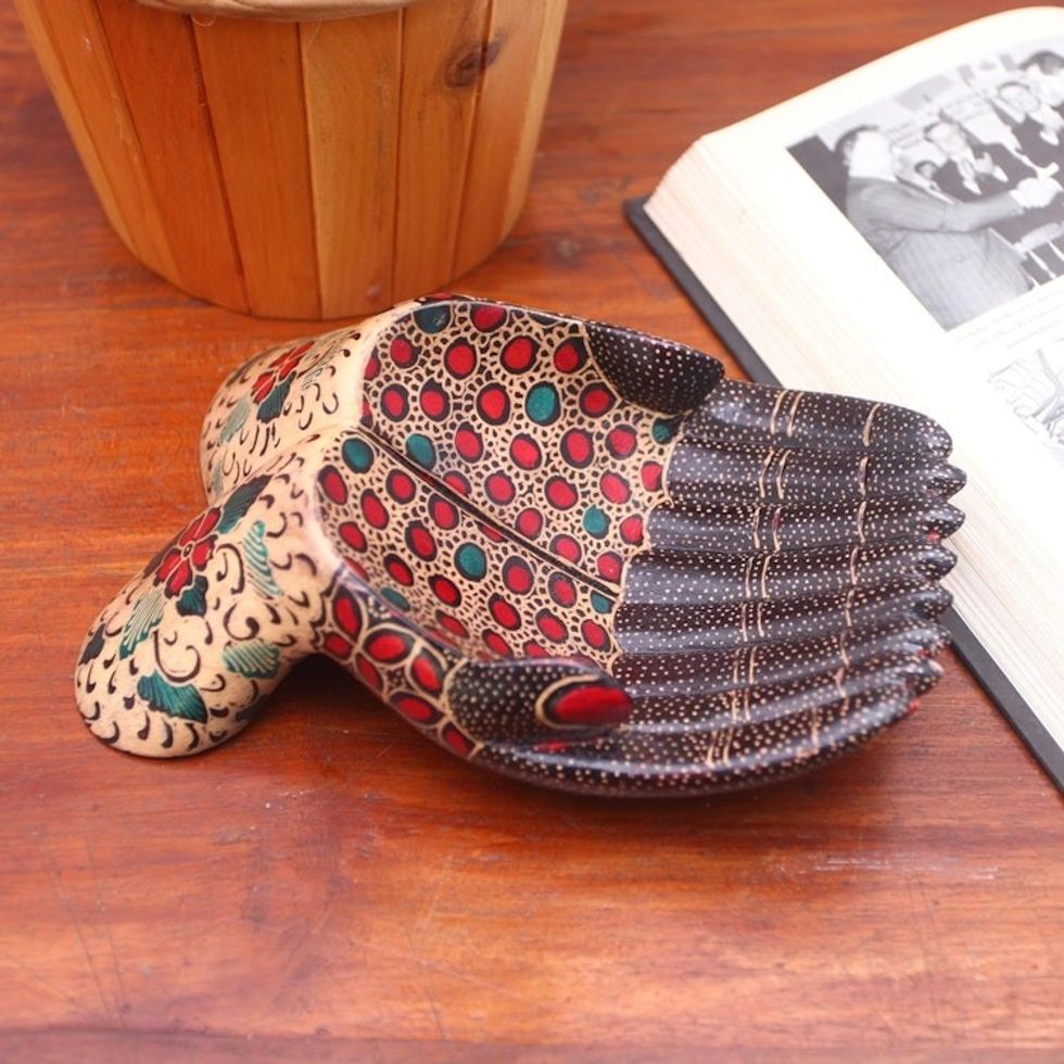 Hand-Painted Batik Wood Catchall from Java 'Giving Hands'