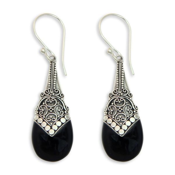 Alternate image for Ornate Silver 925 and Onyx Dangle Earrings from Bali Puncak Jaya in Black