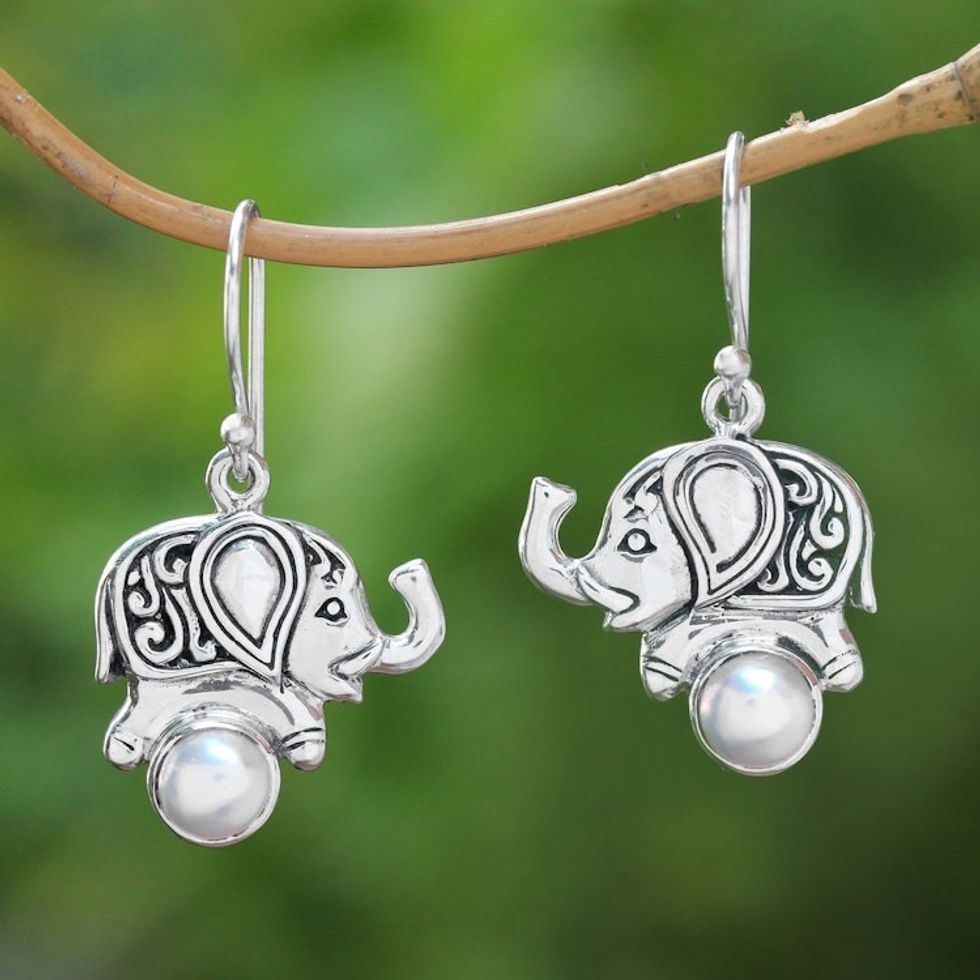 Cultured Pearl Elephant Dangle Earrings from Bali 'Elephant Soccer'