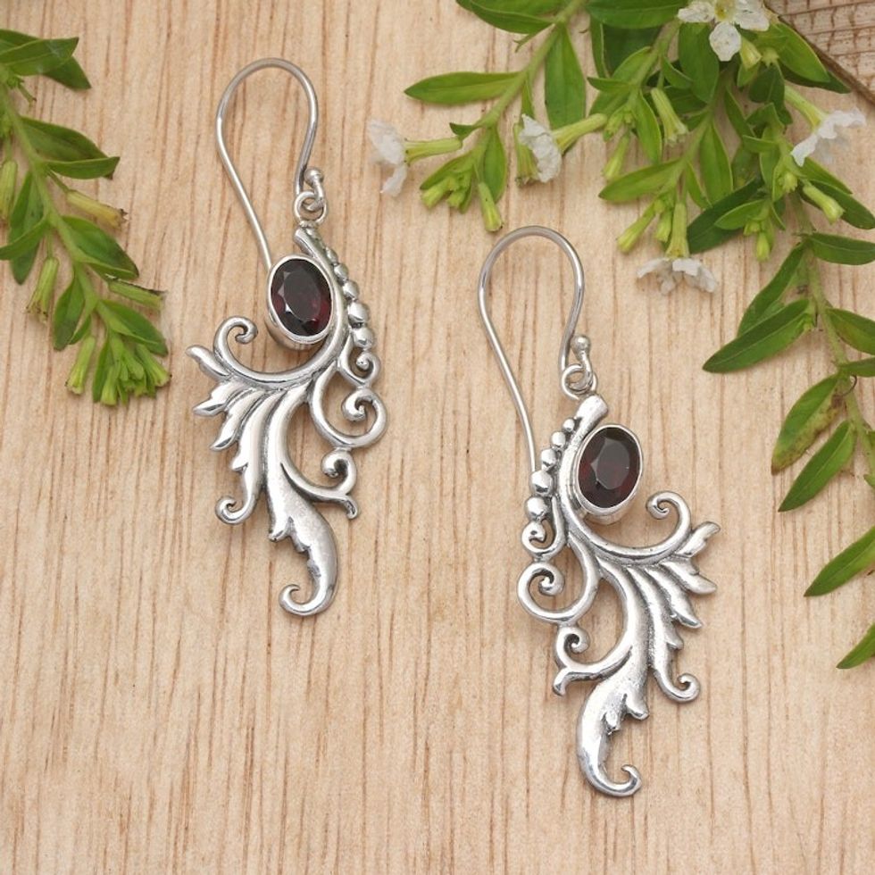 Sterling Silver Peacock Feather Earrings with Garnets 'Peacock Supreme'