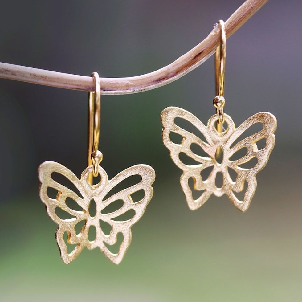 18k Gold Plated Sterling Silver Butterfly Dangle Earrings 'Butterfly Gold'