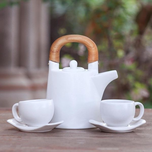 Alternate image for White Ceramic and Wood Tea Set for Two 5 Pcs Midday Cup