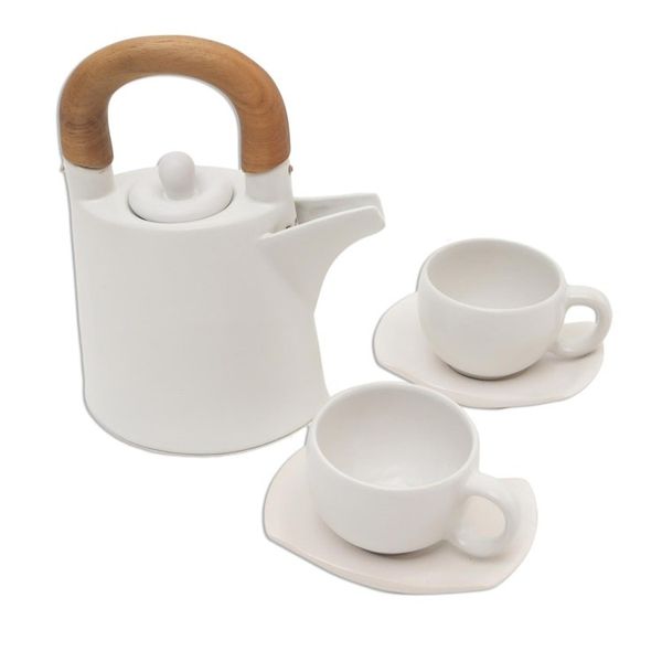 Alternate image for White Ceramic and Wood Tea Set for Two 5 Pcs Midday Cup