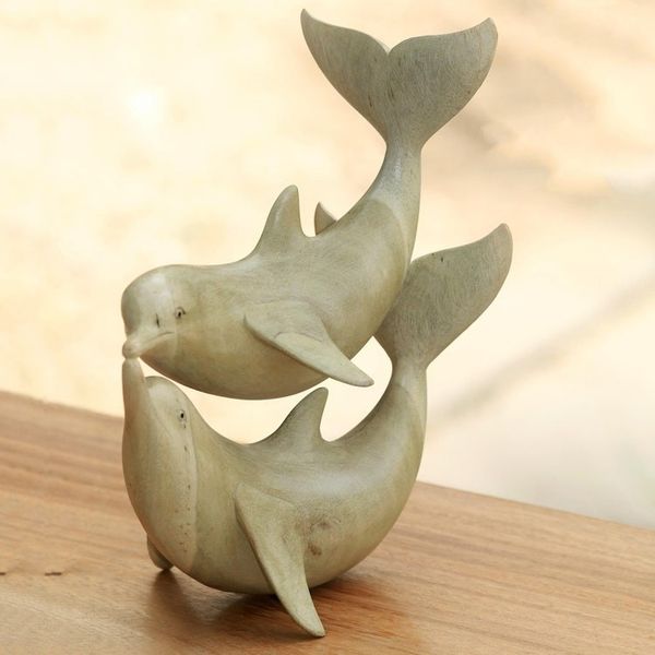 Alternate image for Balinese Hand Carved Dolphin Wood Sculpture Dolphins in Love