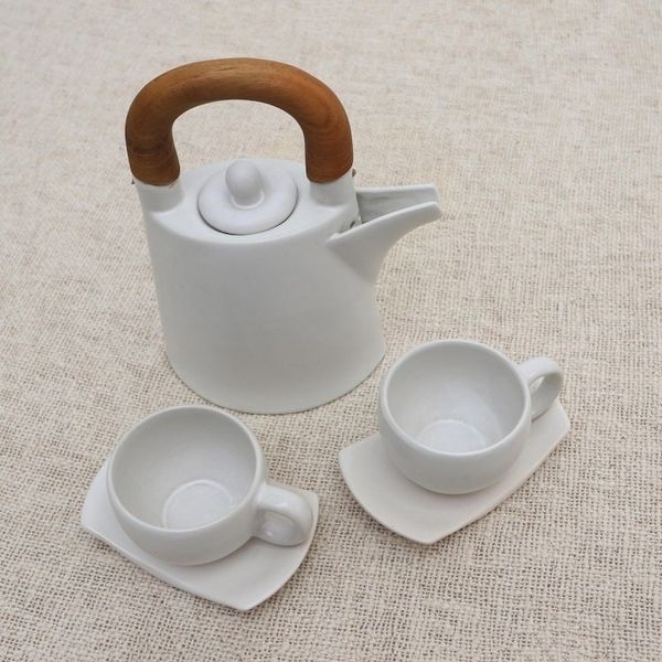 Alternate image for White Ceramic and Wood Tea Set for Two 5 Pcs Midday Cup