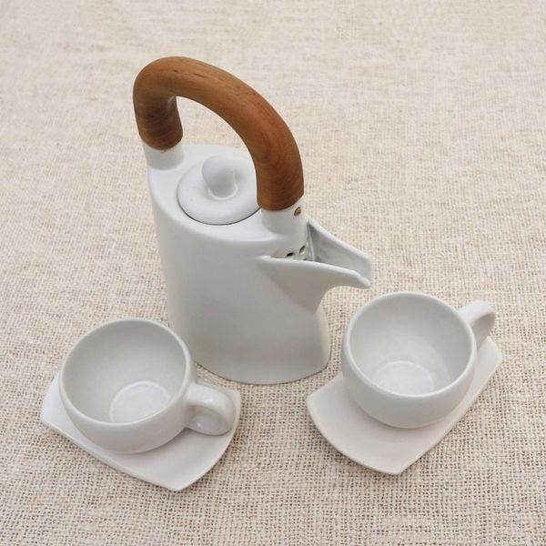 Alternate image for White Ceramic and Wood Tea Set for Two 5 Pcs Midday Cup