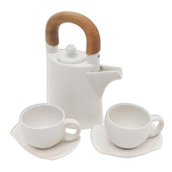 Alternate image for White Ceramic and Wood Tea Set for Two 5 Pcs Midday Cup