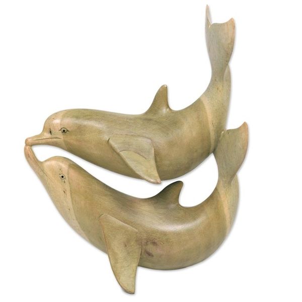 Alternate image for Balinese Hand Carved Dolphin Wood Sculpture Dolphins in Love