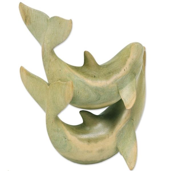 Alternate image for Balinese Hand Carved Dolphin Wood Sculpture Dolphins in Love