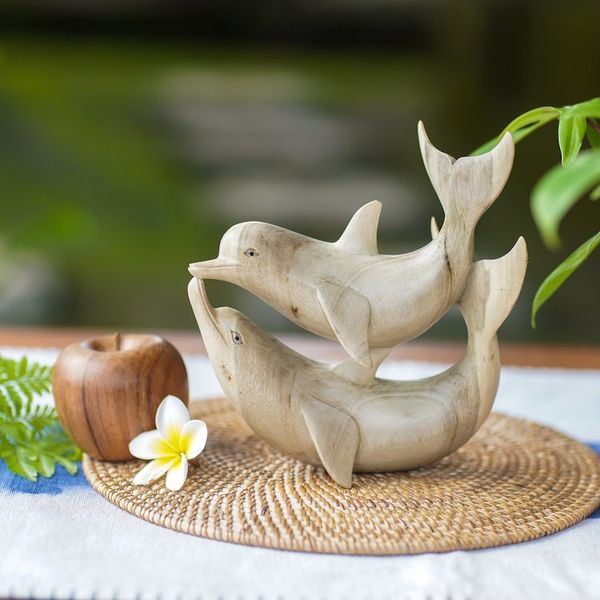 Alternate image for Balinese Hand Carved Dolphin Wood Sculpture Dolphins in Love