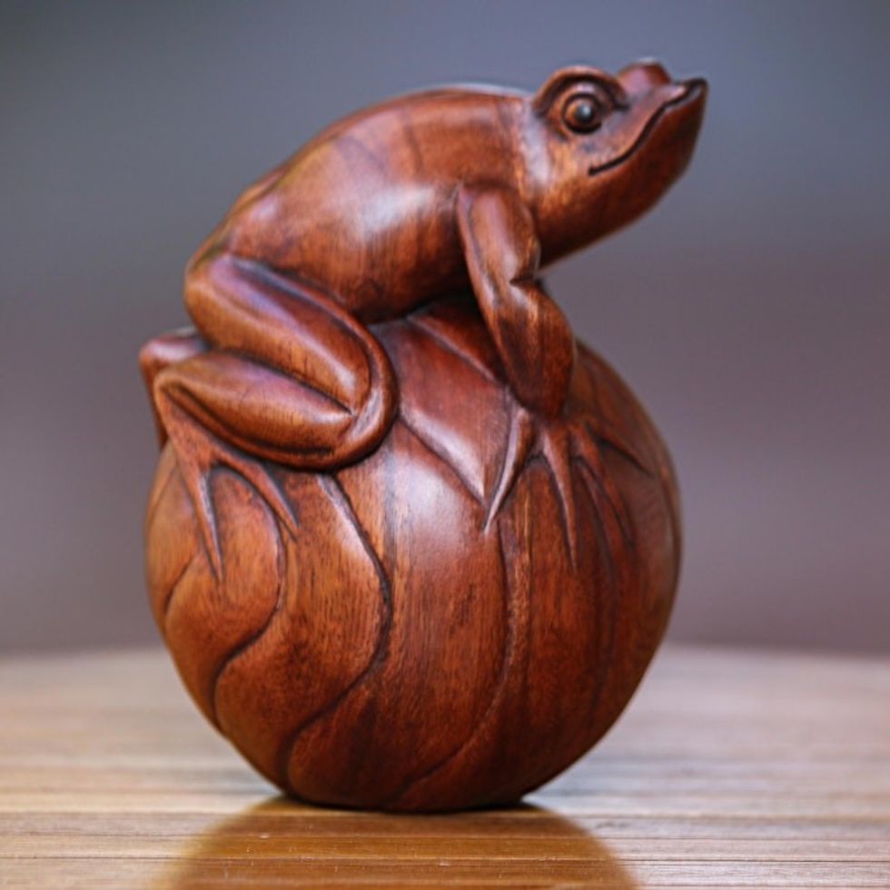 Hand-Carved Suar Wood Frog Figurine from Bali 'Frog on a Ball'