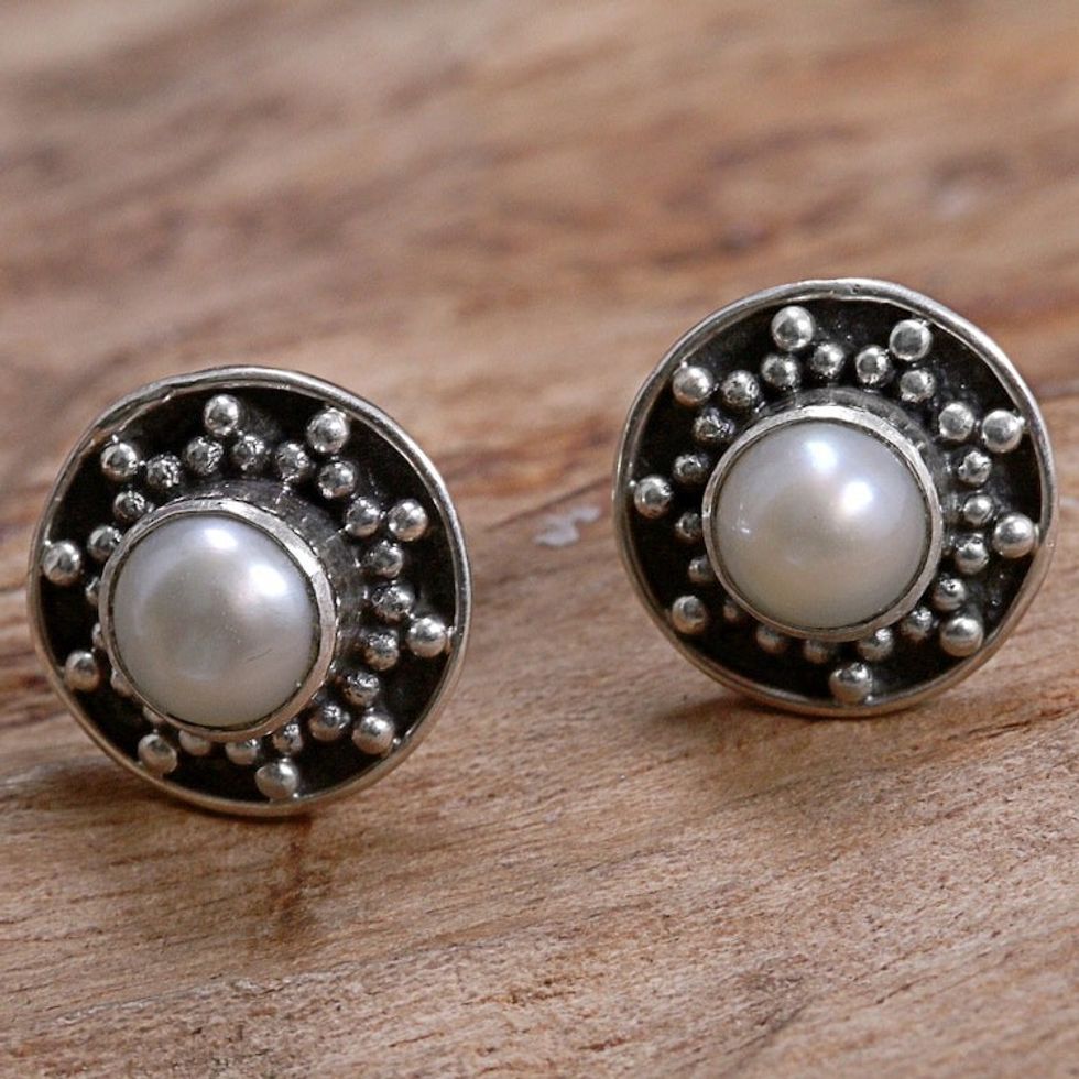 Hand Made Cultured Pearl Stud Earrings from Indonesia 'Glowing White Happiness'