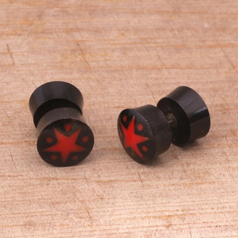 Handcrafted Arang Wood Red Star Stud Earrings from Bali 'Dotted Stars'