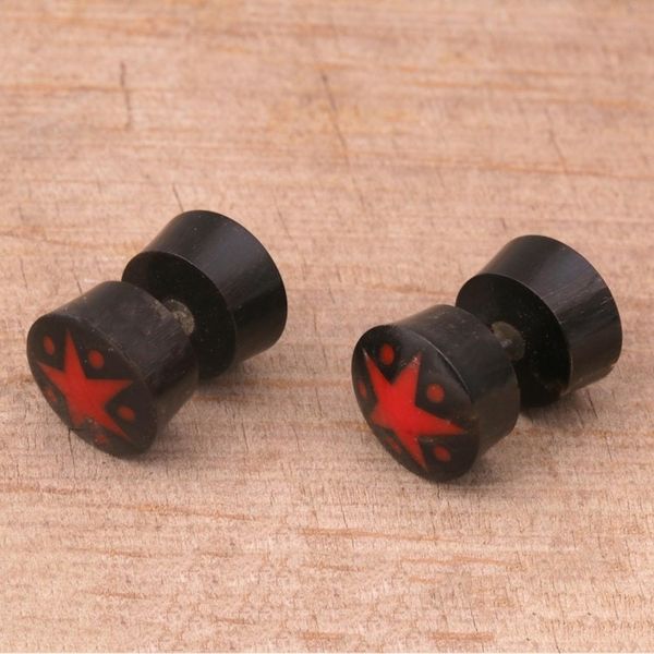Alternate image for Handcrafted Arang Wood Red Star Stud Earrings from Bali Dotted Stars