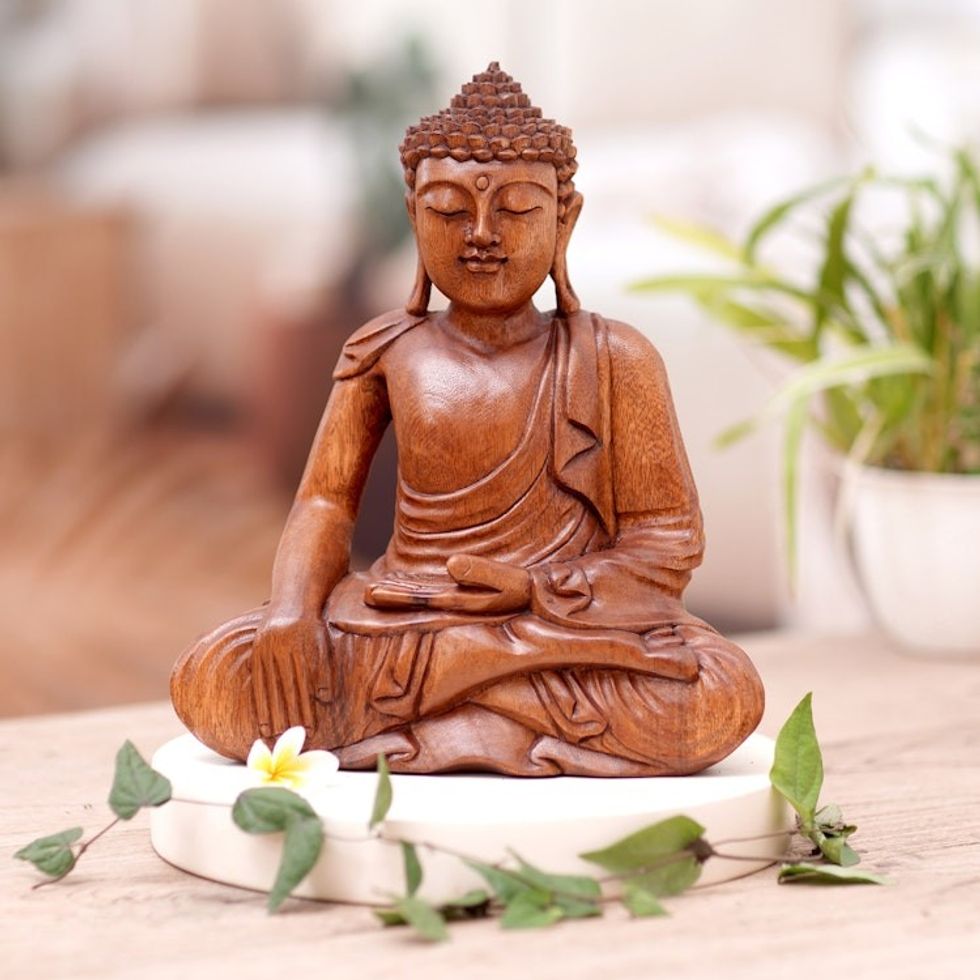 Artisan Hand Carved Wood Buddha Sculpture from Bali 'Moment of Enlightenment'