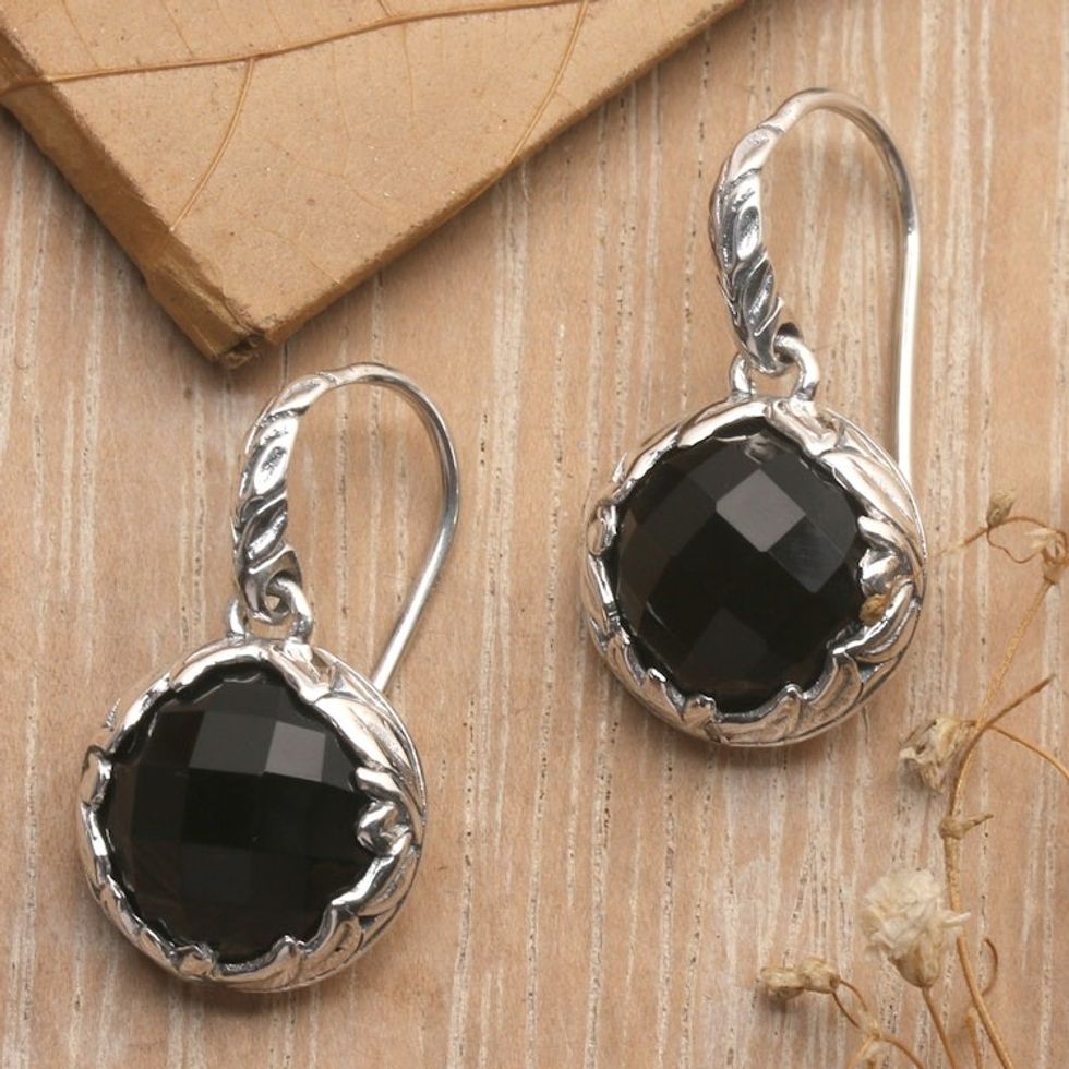 10-Carat Faceted Checkerboard Onyx Dangle Earrings from Bali 'Palatial Protection'