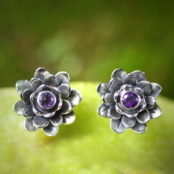 Alternate image for Artisan Crafted Floral Amethyst Button Earrings Lilac-Eyed Lotus