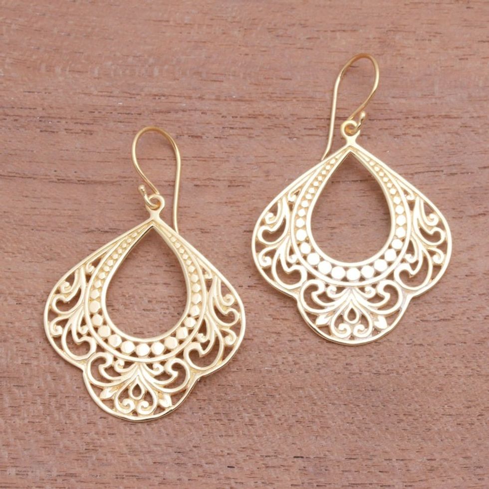 Patterned Gold Plated Sterling Silver Dangle Earrings 'Original Elegance'