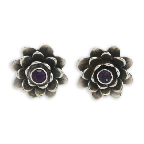 Alternate image for Artisan Crafted Floral Amethyst Button Earrings Lilac-Eyed Lotus