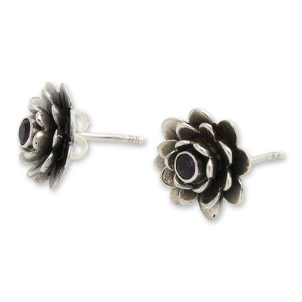 Alternate image for Artisan Crafted Floral Amethyst Button Earrings Lilac-Eyed Lotus