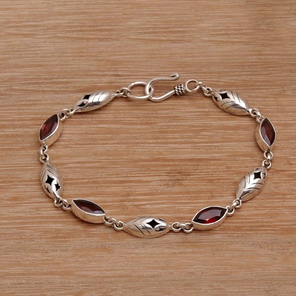 Balinese Garnet and Sterling Silver Link Bracelet 'Opulent Nature'