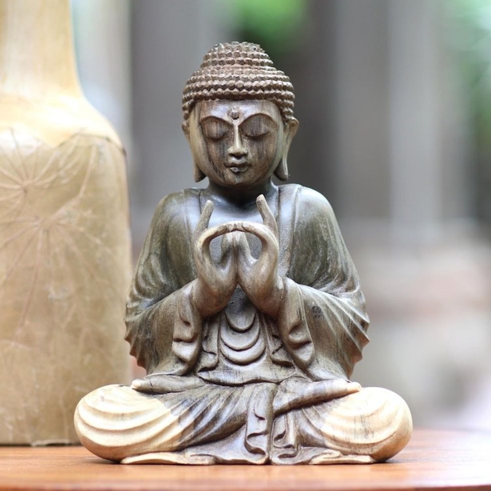 Hand Carved Buddha Hibiscus Wood Sculpture 'Perfect Enlightenment'