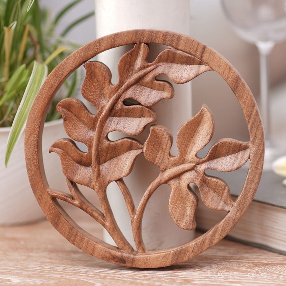 Balinese Crafted Fern Plant Suar Wood Relief Panel 'Fern'