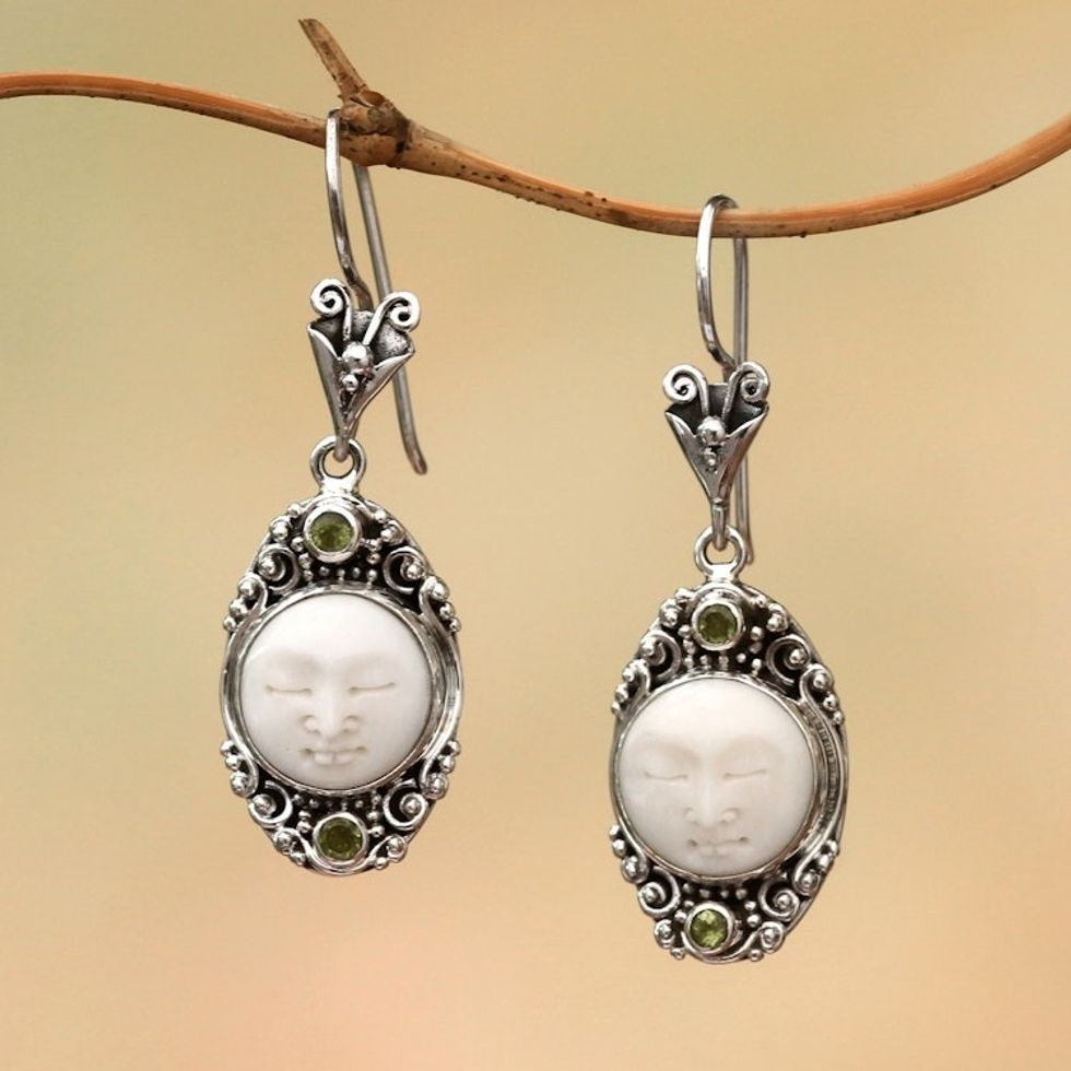 Peridot Face Motif Dangle Earrings from Bali 'Face of the Soul'