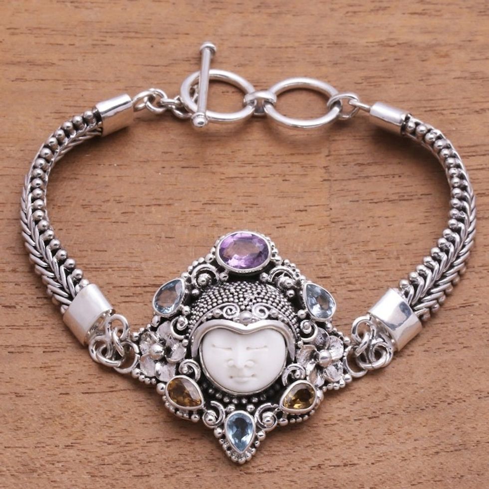 Multi-Gemstone and Bone Pendant Bracelet from Bali 'Guardian of the Rainbow'