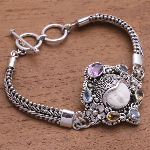 Alternate image for Multi-Gemstone and Bone Pendant Bracelet from Bali Guardian of the Rainbow